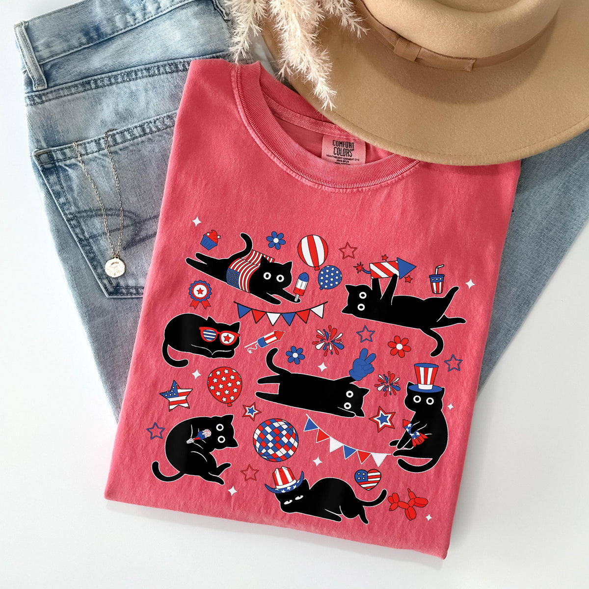 Black Cat 4th Of July Comfort Colors® Shirt, Patriotic Cats Tees, Funny Independence Day Gift, USA 250th Anniversary T-shirt