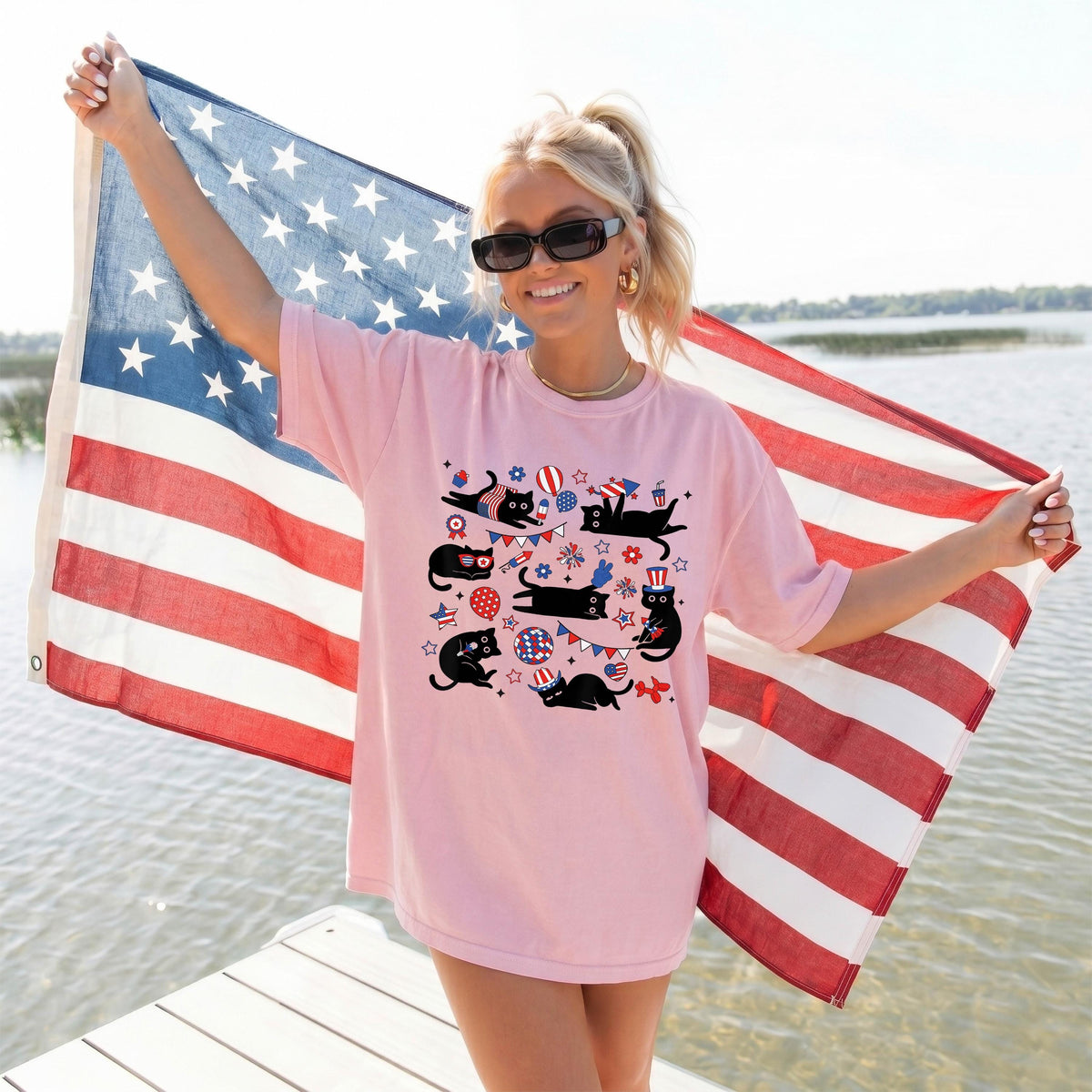 Black Cat 4th Of July Comfort Colors® Shirt, Patriotic Cats Tees, Funny Independence Day Gift, USA 250th Anniversary T-shirt