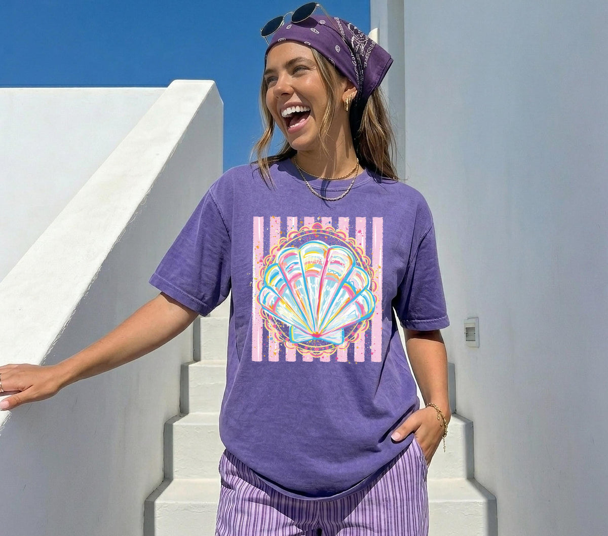 Comfort Colors® Preppy Summer T-Shirt, Striped Seashell Shirt, Beach Vacation Tee