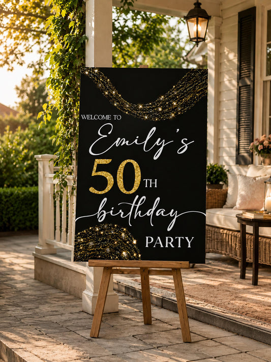Custom 50th Birthday Welcome Sign, Black Gold Party Decor, Foam Core Board (24x36)