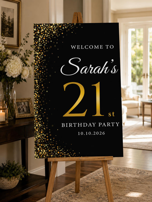 Custom 21st Birthday Welcome Sign, Gold Stars Party Decor
