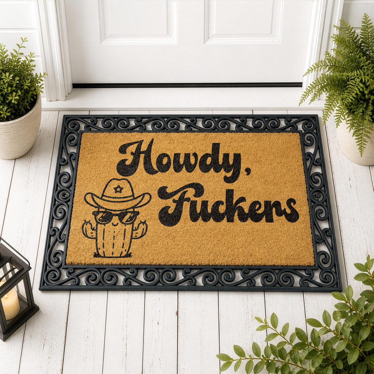 Funny Howdy Fuckers Doormat, Cowboy Cactus Interchangeable Welcome Mat