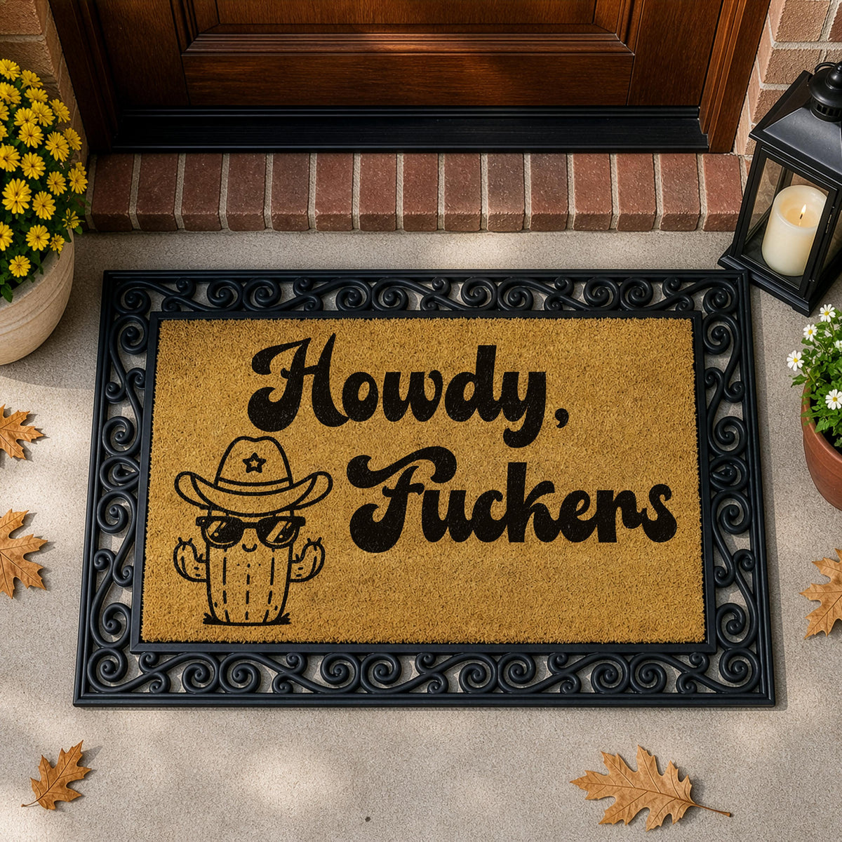 Funny Howdy Fuckers Doormat, Cowboy Cactus Interchangeable Welcome Mat