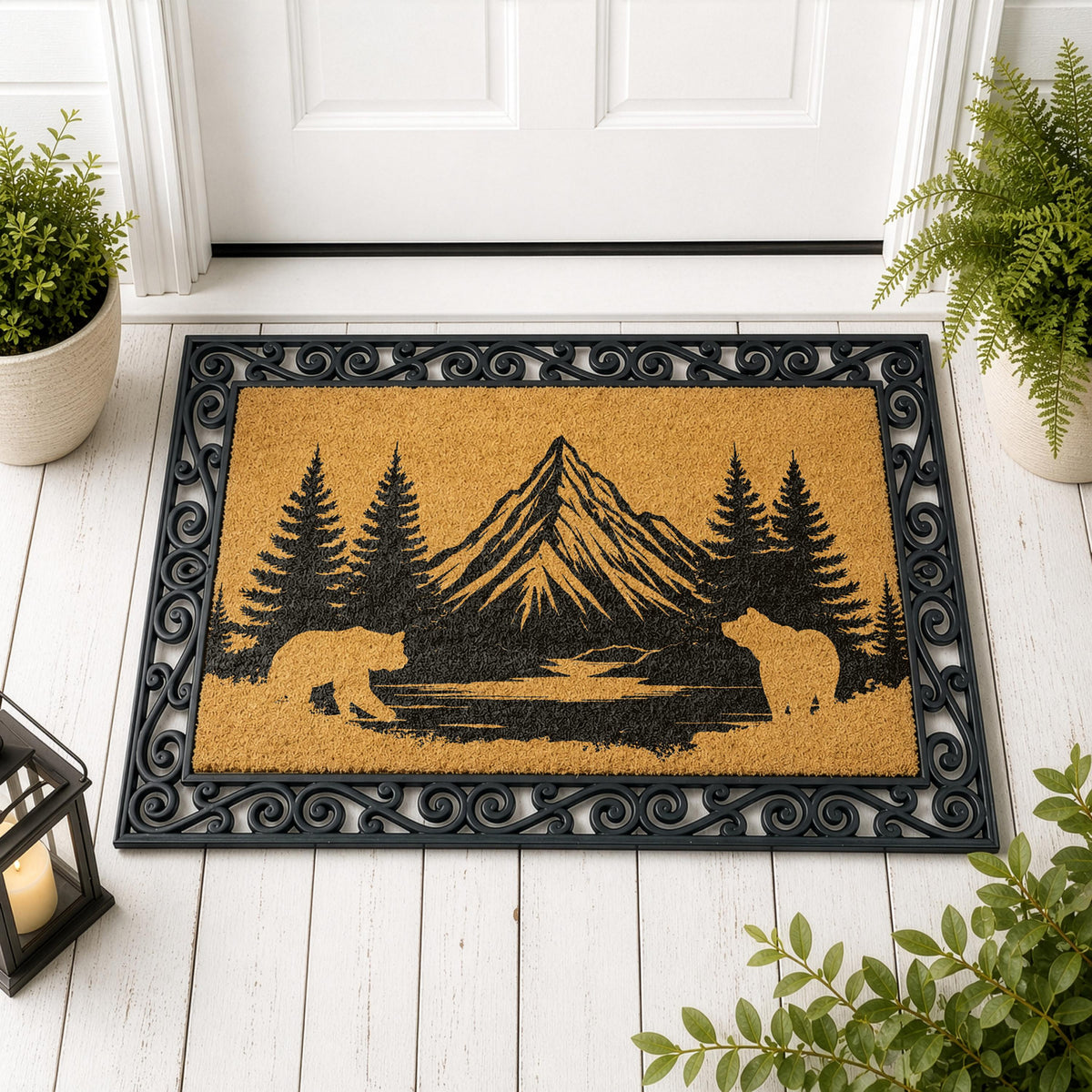Interchangeable Mountain Cabin Welcome Mat, Bear Family & Woodland Landscape Silhouette Doormat