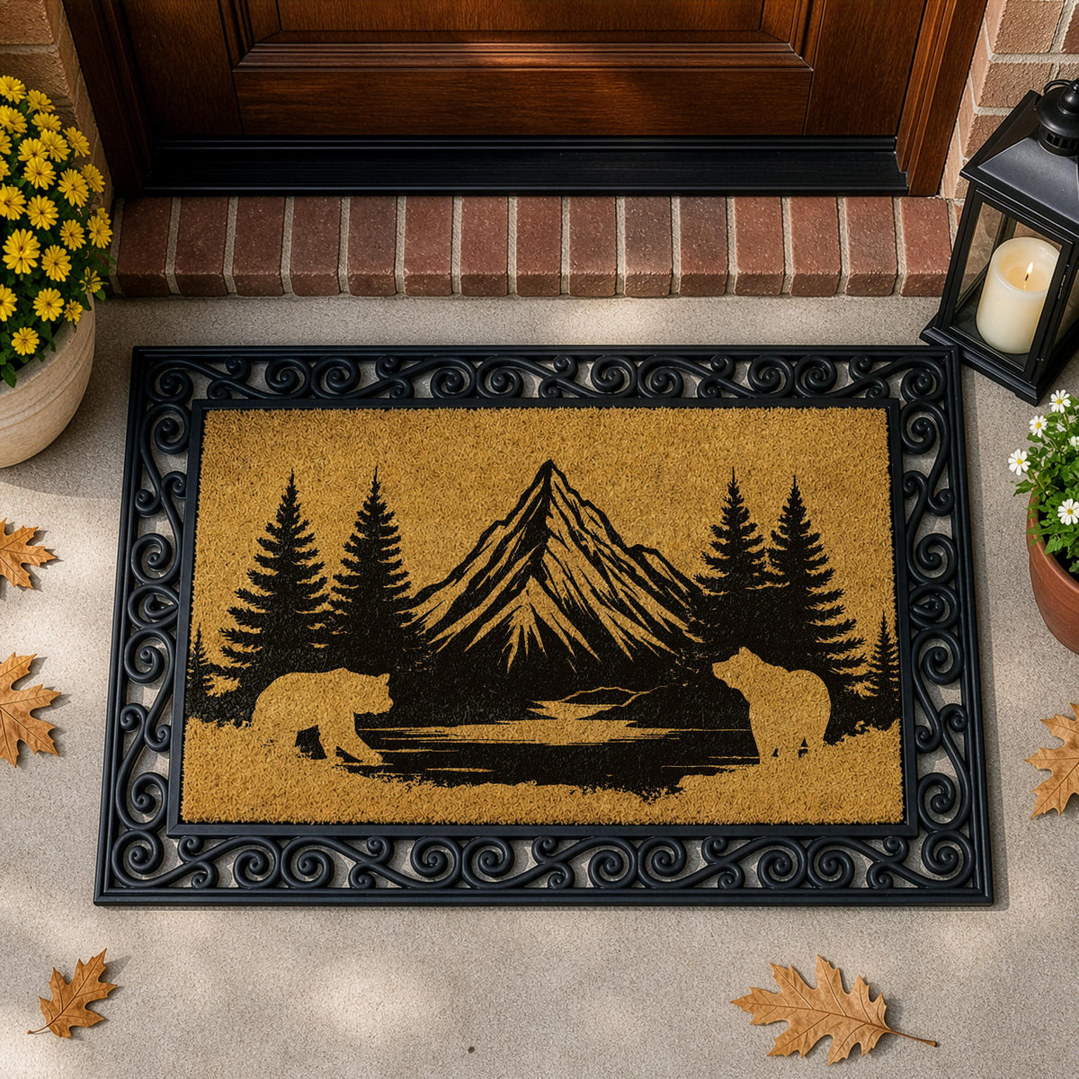 Interchangeable Mountain Cabin Welcome Mat, Bear Family & Woodland Landscape Silhouette Doormat