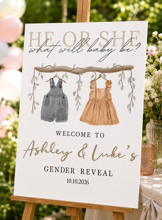He or She Gender Reveal Welcome Sign, Boy Girl Party Foam Board