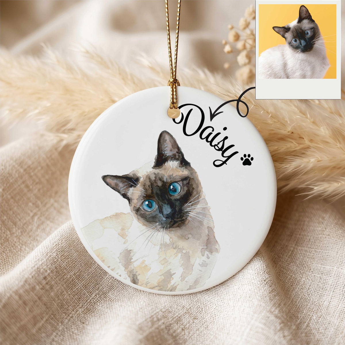 Custom Pet Photo Watercolor Ornament, Personalized Cat Portrait Keepsake Ornament, Pet Remembrance Gift, Cat Picture Ornament
