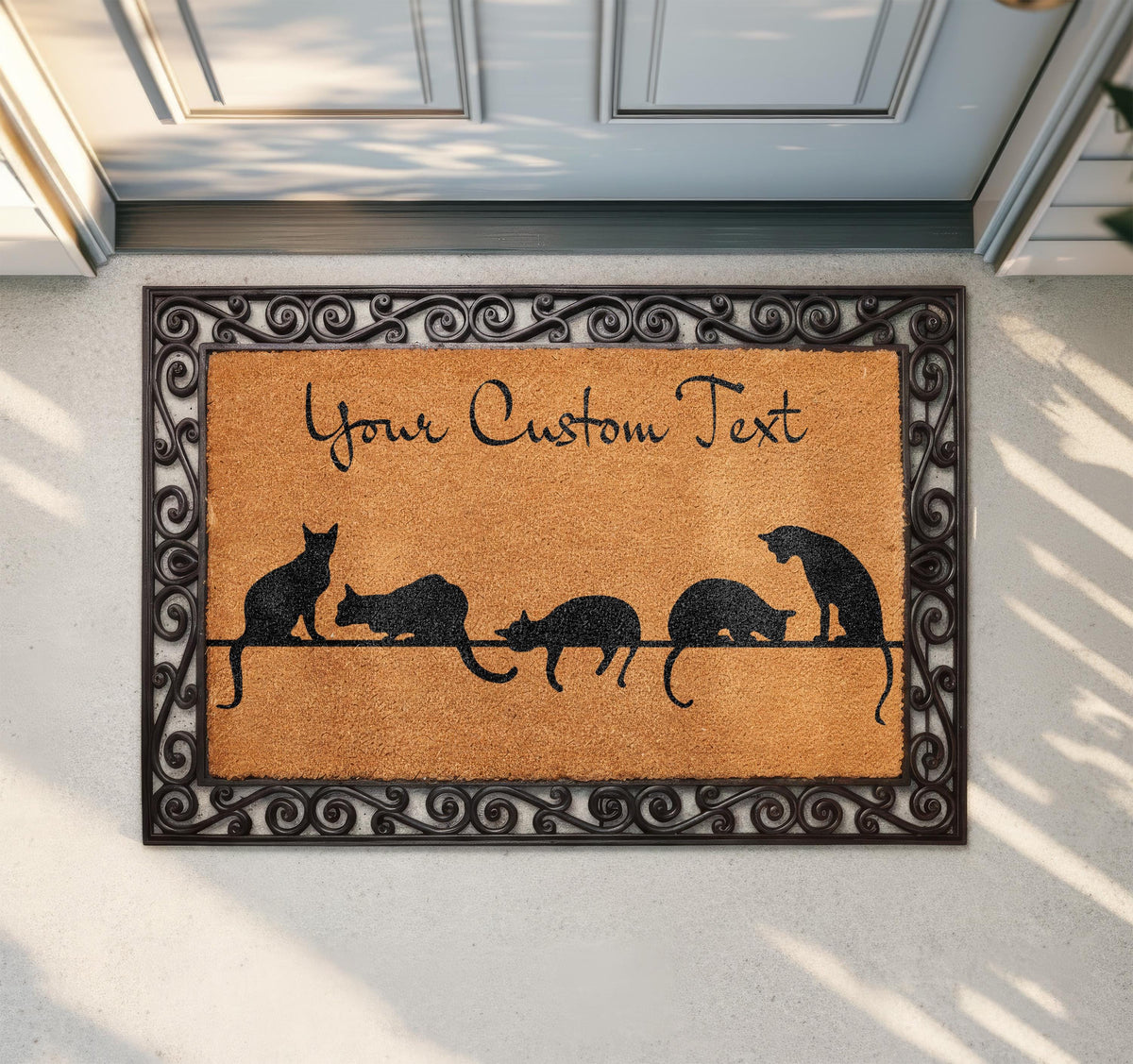 Custom Text Welcome Mat, Personalized Cat Doormat, Cats Mom Housewarming Gift, Pet Owner Front Porch Coir Rug, Pets Lover New Home Present