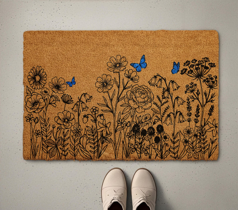 Spring Floral Welcome Mat, Wildflower Field Doormat, Flowers Meadow Housewarming Gift, Summer Front Porch Coir Rug, Home Entrance Decor