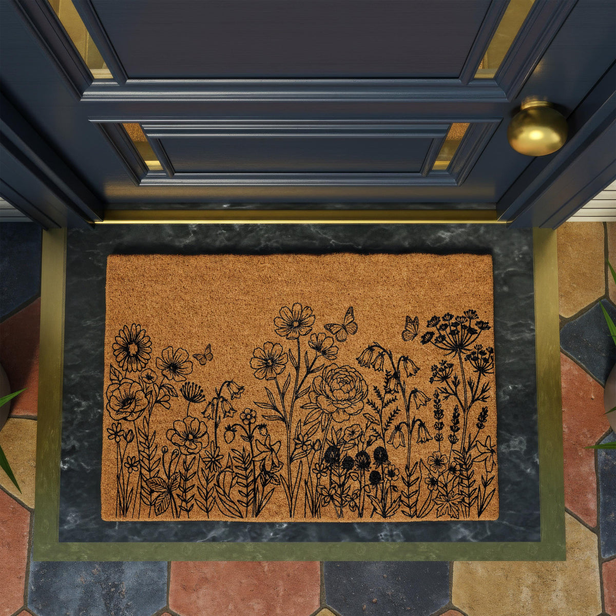 Spring Floral Welcome Mat, Wildflower Field Doormat, Flowers Meadow Housewarming Gift, Summer Front Porch Coir Rug, Home Entrance Decor