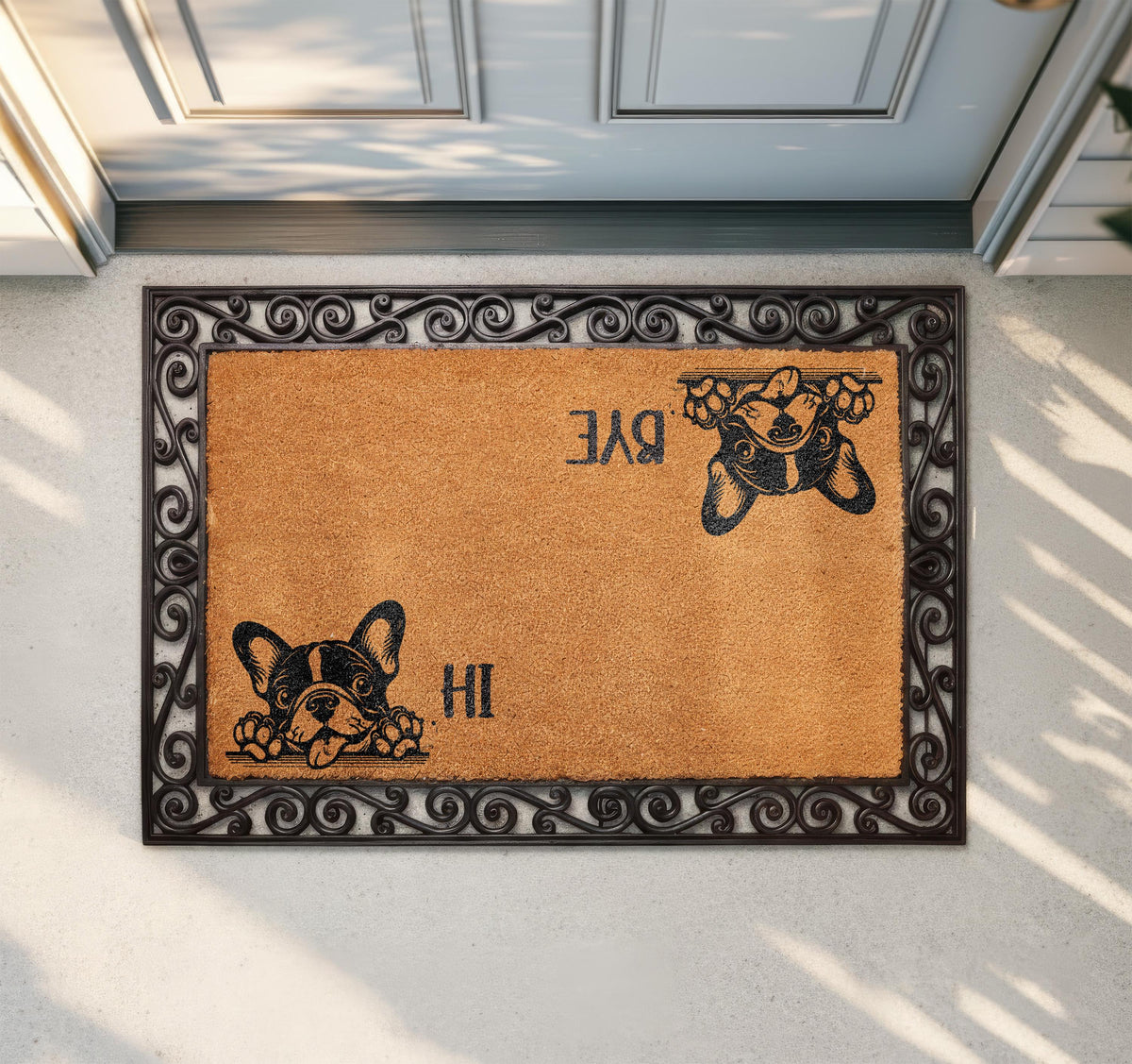 Custom Dog Breed Hi Bye Doormat, Funny Dogs Welcome Mat, Dogs Lover Housewarming Gift, Pets Owner Front Porch Coir Rug, Home Entrance Decor