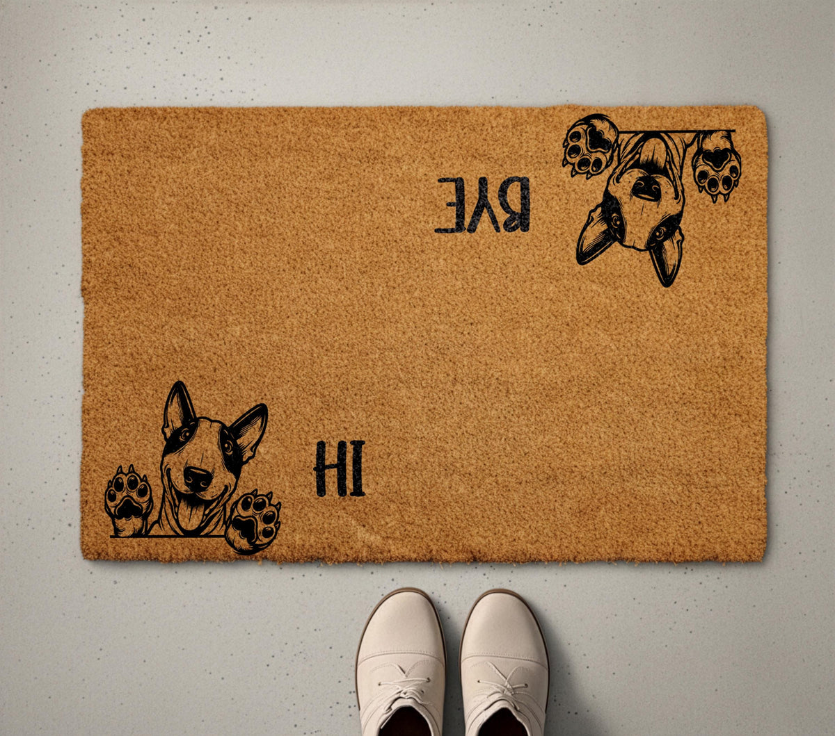 Custom Dog Breed Hi Bye Doormat, Funny Dogs Welcome Mat, Dogs Lover Housewarming Gift, Pets Owner Front Porch Coir Rug, Home Entrance Decor