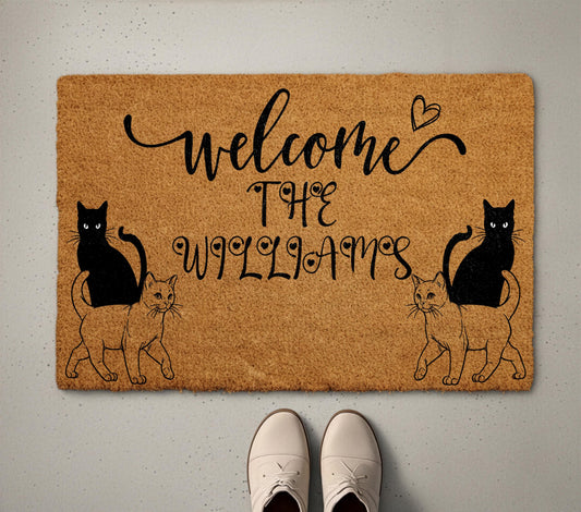 Custom Cat Welcome Mat, Personalized Lastname Doormat, Cats Mom Housewarming Gift, Pet Owner Front Porch Rug, Cats Lover Home Entrance Decor
