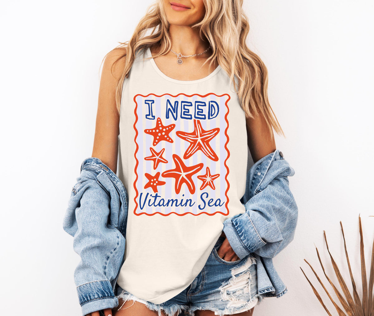 Comfort Colors® I Need Vitamin Sea Tank Top, Girls Summer Beach Tee, Retro Starfish Shirt, Coastal T-Shirt