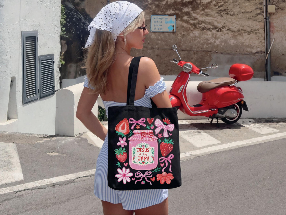 Jesus Is My Jam Tote Bag, Christian Strawberry Tote, Faith Canvas Bag, Cute Christian Gift, Floral Jam Tote Bag