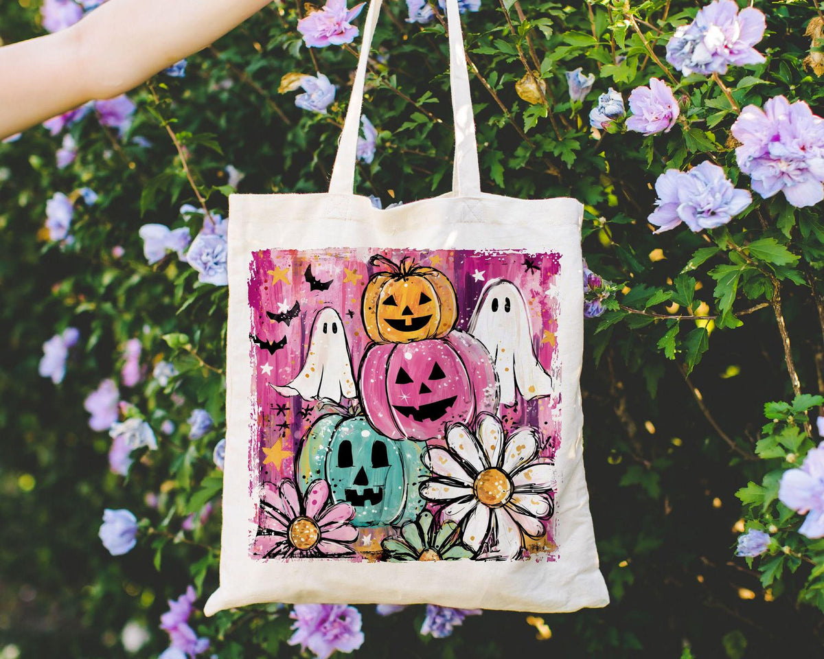 Spooky Summer Tote Bag, Halloween Beach Tote, Ghost Pumpkin Canvas Bag, Colorful Floral Tote, Cute Summer Bag