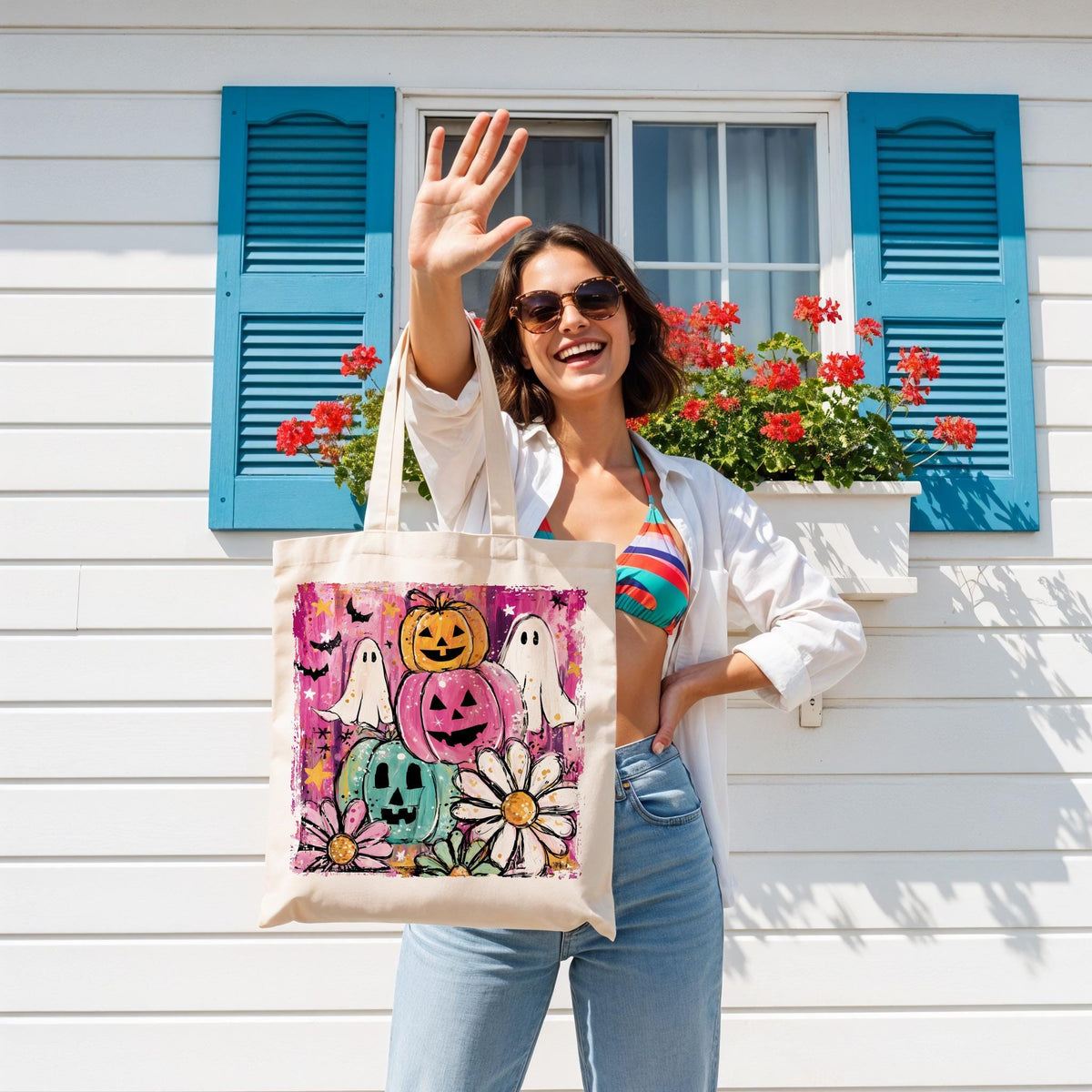 Spooky Summer Tote Bag, Halloween Beach Tote, Ghost Pumpkin Canvas Bag, Colorful Floral Tote, Cute Summer Bag