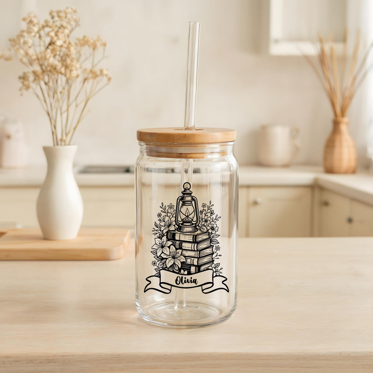 Custom Name Floral Bookish Can Glass Tumbler, Books And Flower Design Iced Coffee Tumbler
