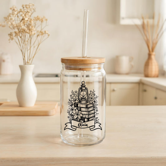 Custom Name Floral Bookish Can Glass Tumbler, Books And Flower Design Iced Coffee Tumbler