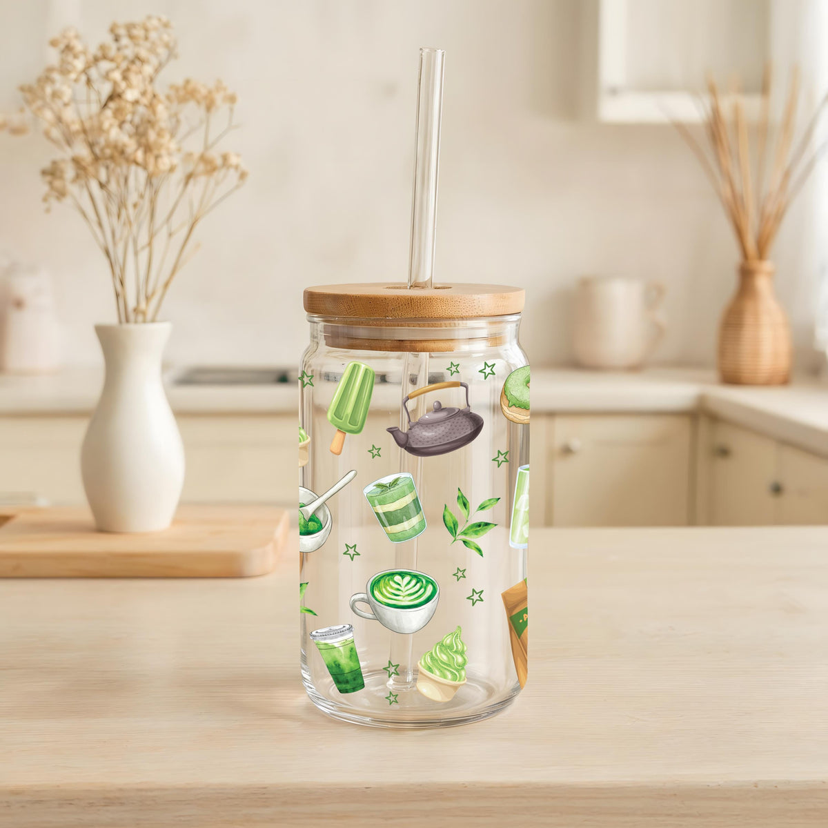 Matcha Themed Can Glass Tumbler, Bamboo Lid Sipper Cup For Japanese Green Tea
