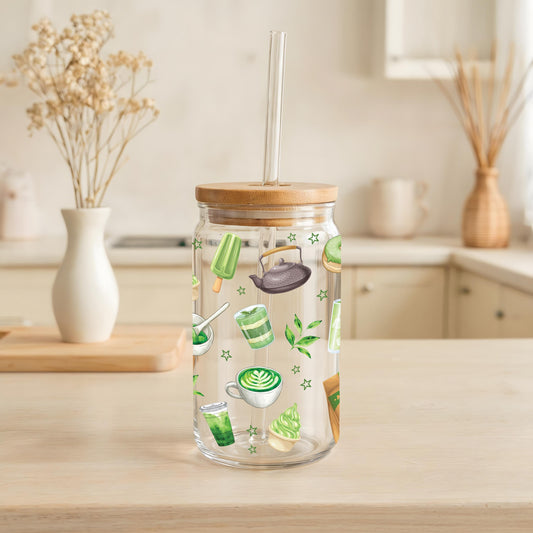 Matcha Themed Can Glass Tumbler, Bamboo Lid Sipper Cup For Japanese Green Tea