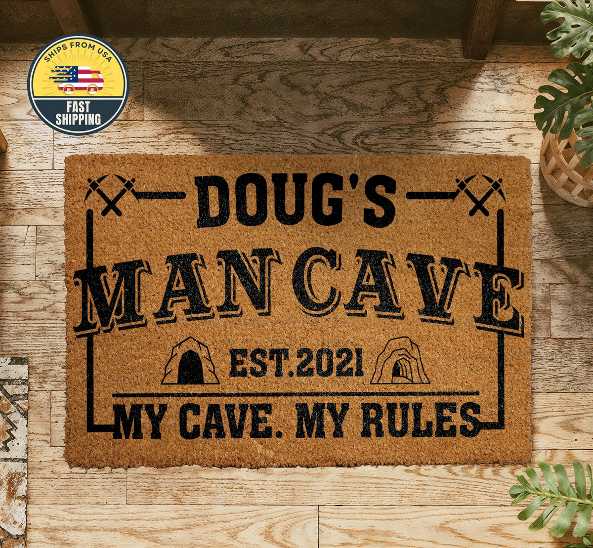 Custom Man Cave Doormat, Funny My Cave My Rules Est Entry Mat, Fathers Day Gift Idea