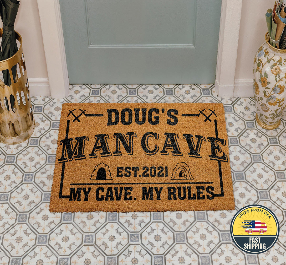 Custom Man Cave Doormat, Funny My Cave My Rules Est Entry Mat, Fathers Day Gift Idea