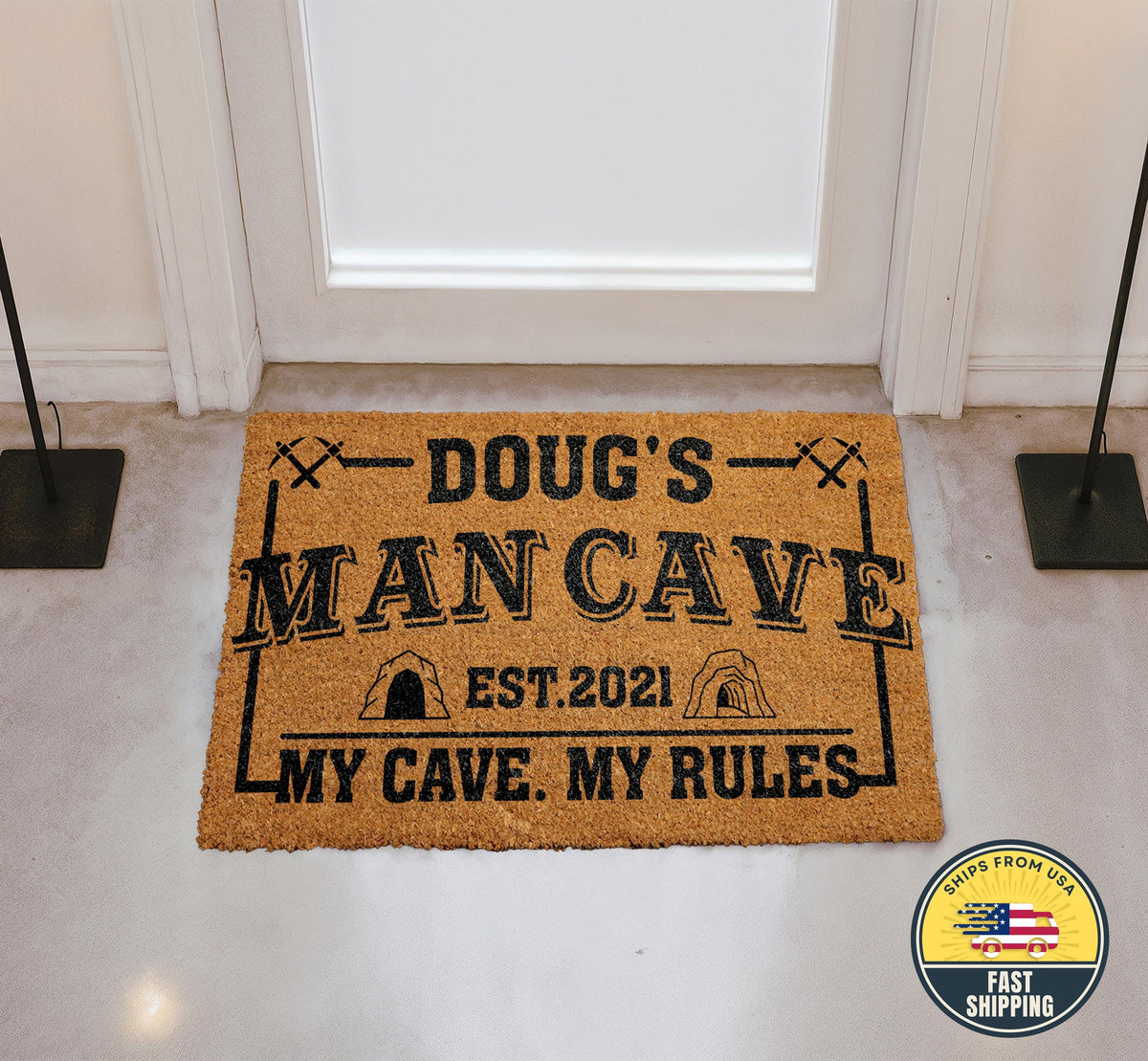 Custom Man Cave Doormat, Funny My Cave My Rules Est Entry Mat, Fathers Day Gift Idea