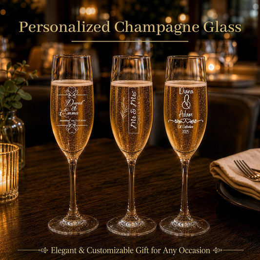Personalized Engraved Champagne Glass, Crystal Toasting Flutes for Weddings