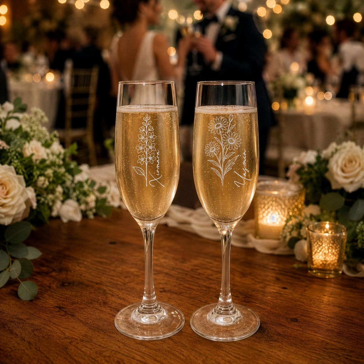 Personalized Engraved Champagne Glass, Birth Flower Crystal Flute