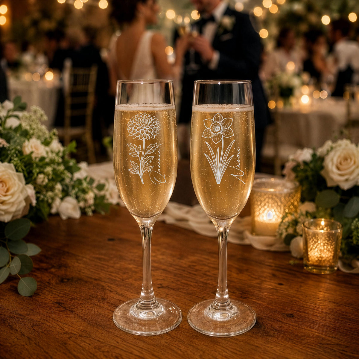 Personalized Engraved Champagne Flute, Custom Floral Design Gift