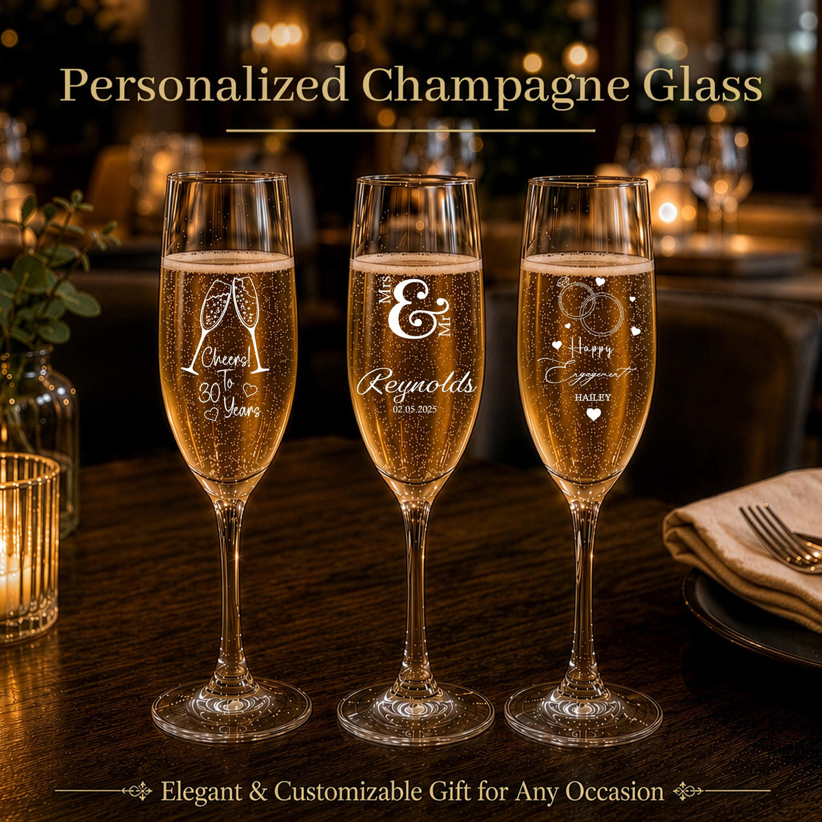 Personalized Crystal Champagne Flutes, Engraved Wedding Anniversary Gift