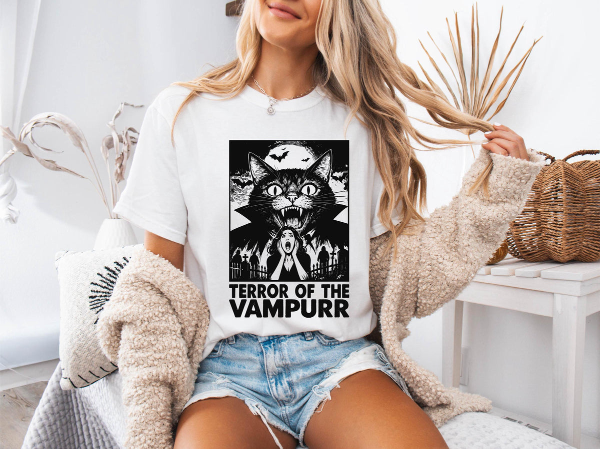 Comfort Colors® Terror Of The Vampurr Cat Shirt, Retro Halloween Tee, Vampire Cat T-shirts, Spooky Cat Tees