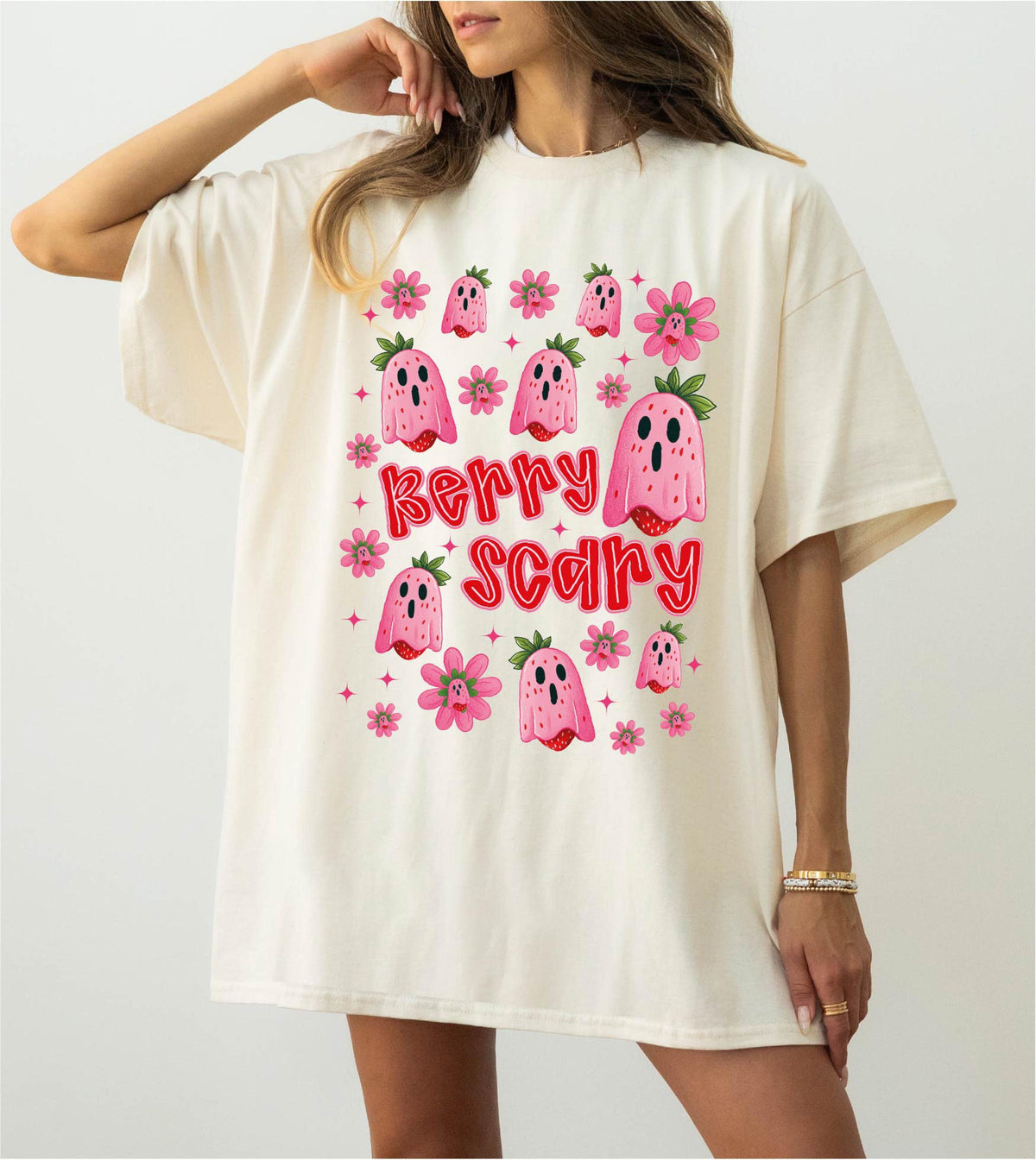 Comfort Colors® Berry Scary Halloween Shirt, Pink Ghost Tee, Spooky Girls Tees, Floral Strawberry Ghost Sweatshirt