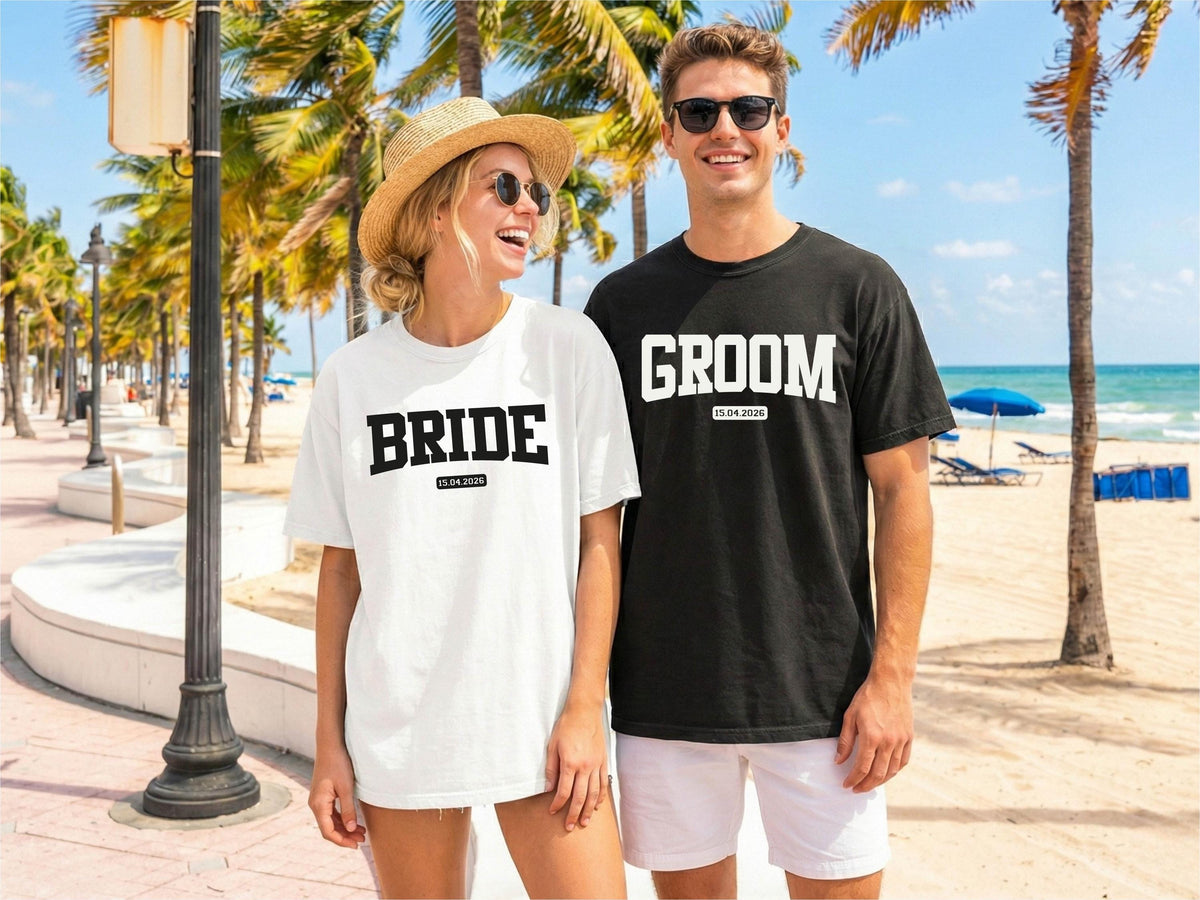 Custom Bride and Groom Comfort Colors® Shirts, Personalized Wedding Party Tee, Honeymoon Couple Matching Gift