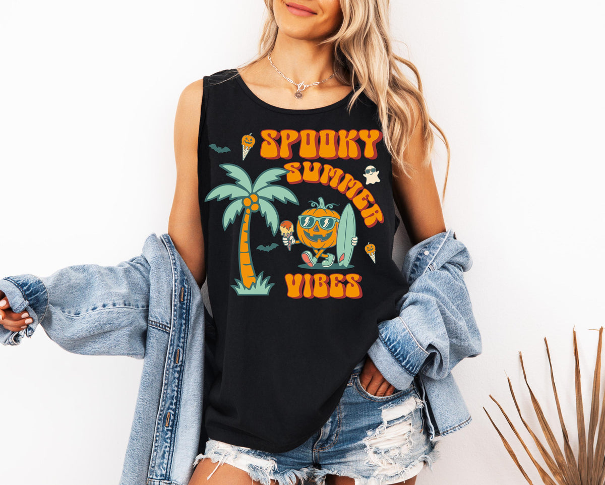 Comfort Colors® Spooky Summer Vibes Tank Top, Halloween Pumpkin Shirt, Summer Goth T-Shirt