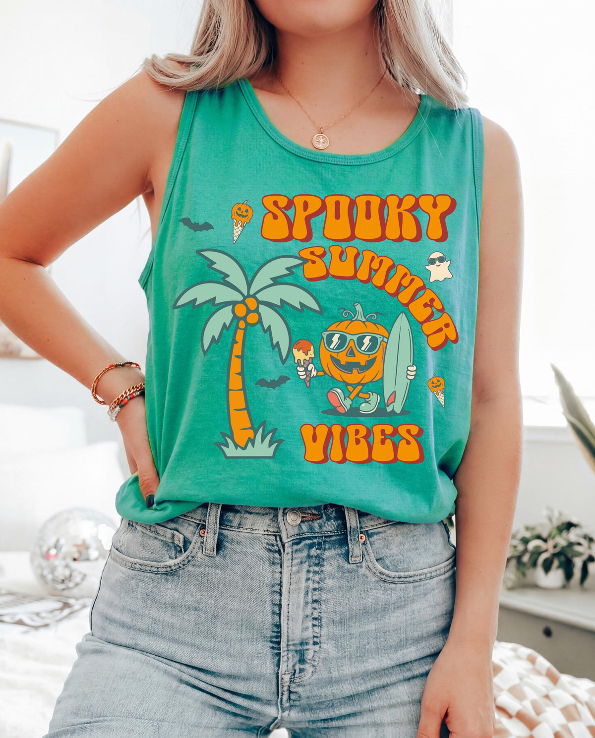Comfort Colors® Spooky Summer Vibes Tank Top, Halloween Pumpkin Shirt, Summer Goth T-Shirt