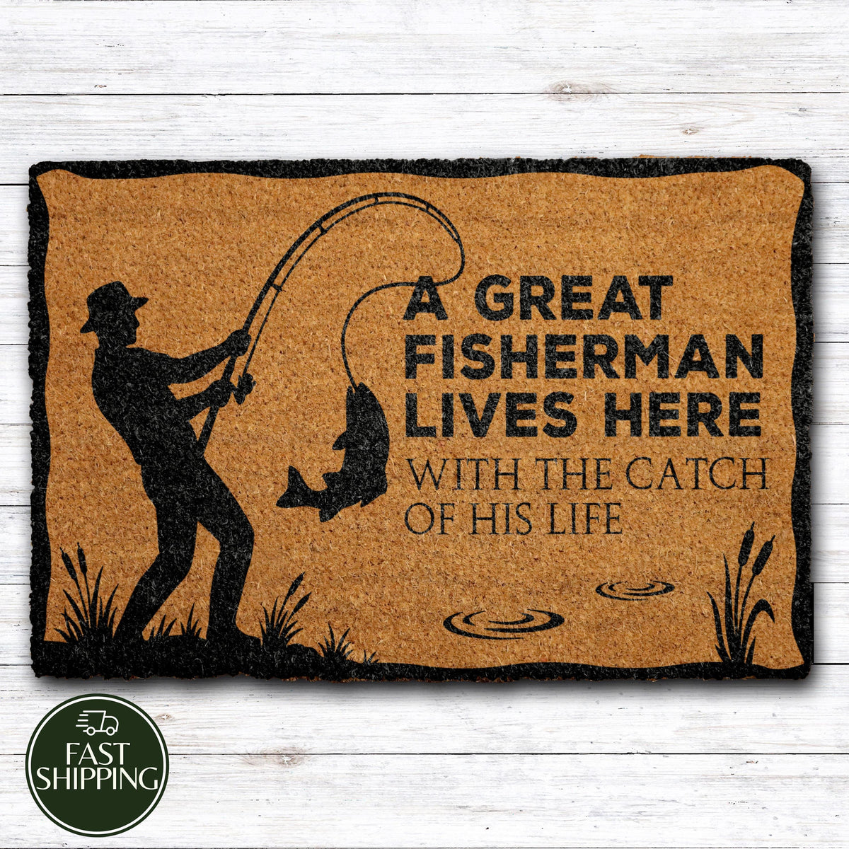 A Great Fisherman Lives Here Doormat, Funny Lake House Welcome Mat, Husband Fishing Hobby Gift
