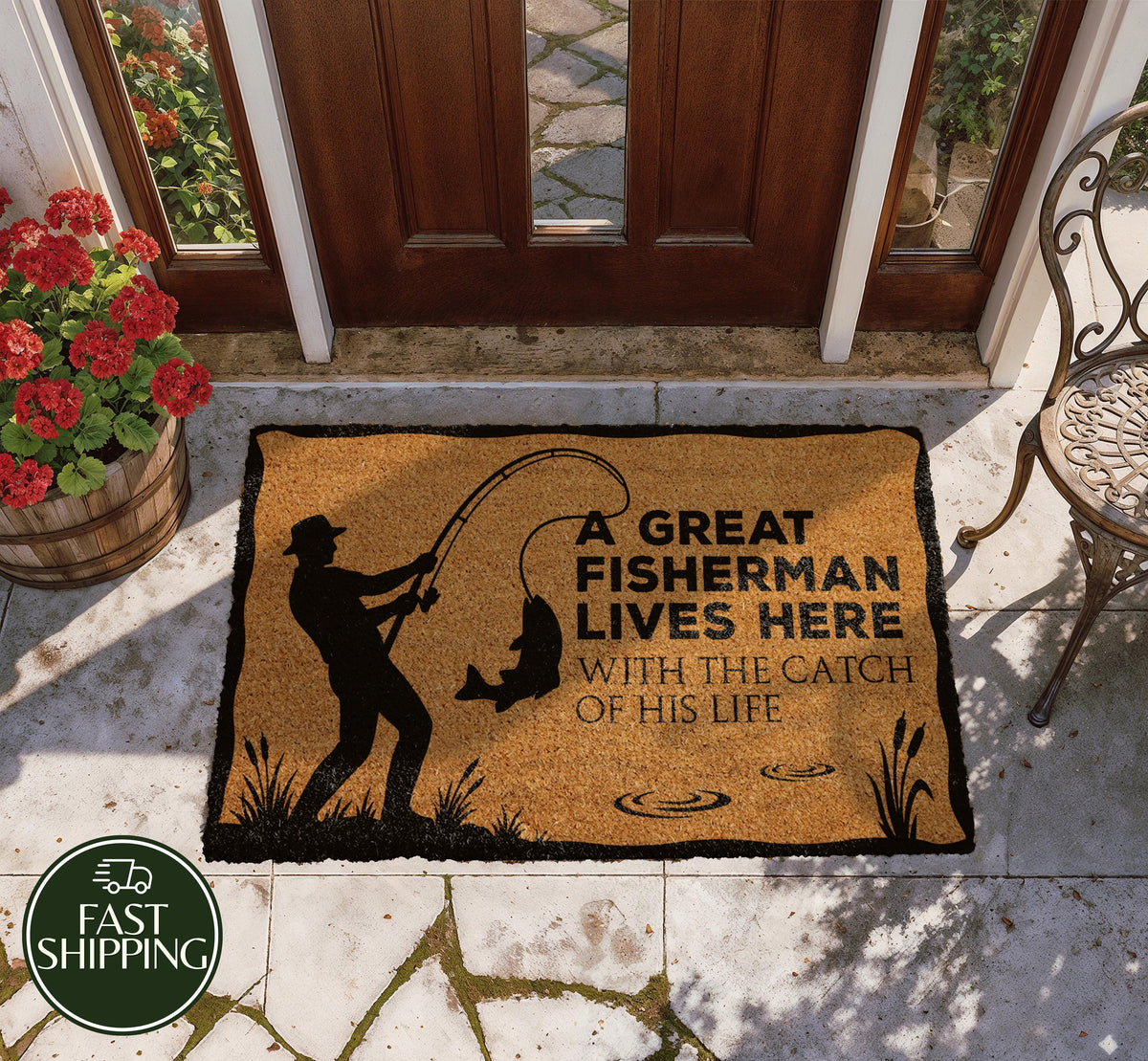 A Great Fisherman Lives Here Doormat, Funny Lake House Welcome Mat, Husband Fishing Hobby Gift