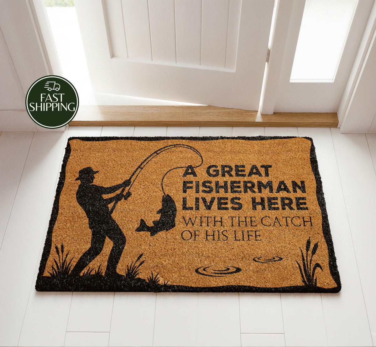 A Great Fisherman Lives Here Doormat, Funny Lake House Welcome Mat, Husband Fishing Hobby Gift
