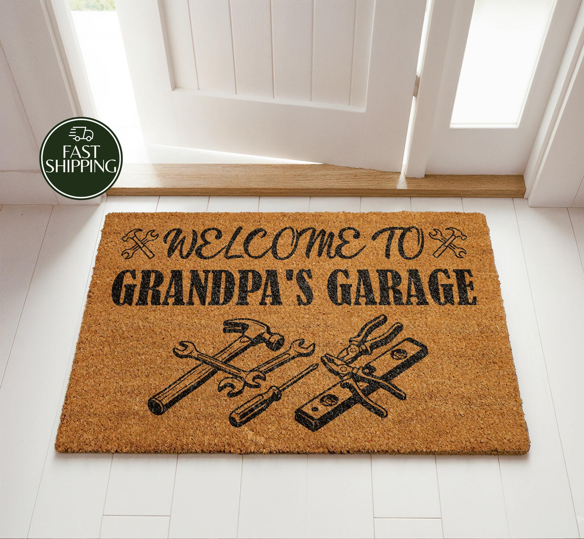 Welcome To Grandpa's Garage Doormat, Grandfather's Workshop Welcome Mat