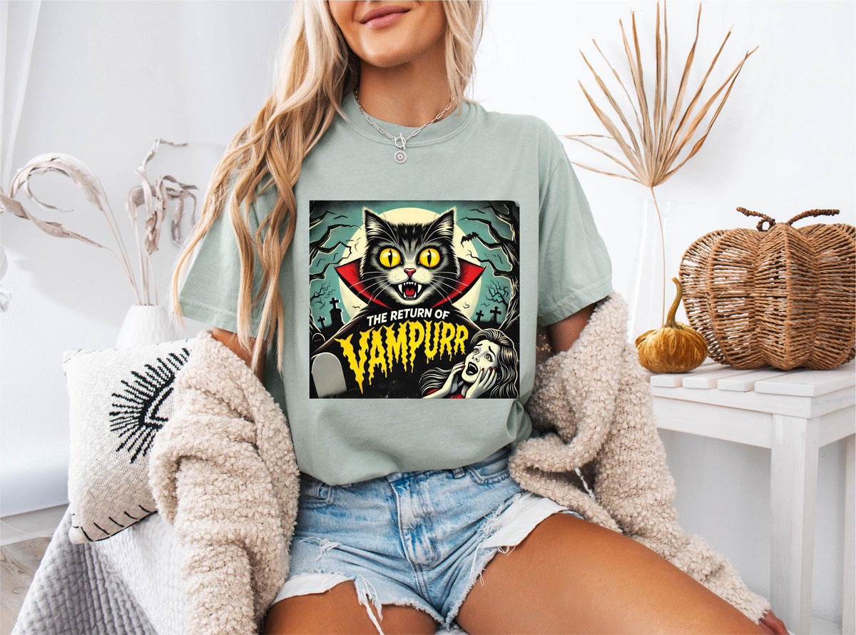 Comfort Colors® Funny Halloween Cat Shirt, Vampurr Cat Horror Tee, Retro Black Cat T-shirt, Spooky Cat Lover Gift