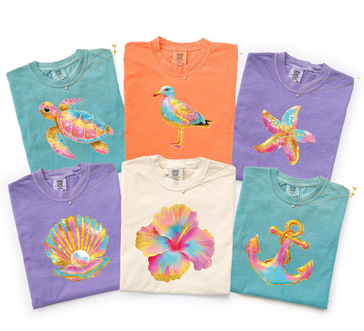 Comfort Colors® Preppy Summer T-Shirt, Colorful Starfish Sea Turtle Shirt, Beach Vacation Tees