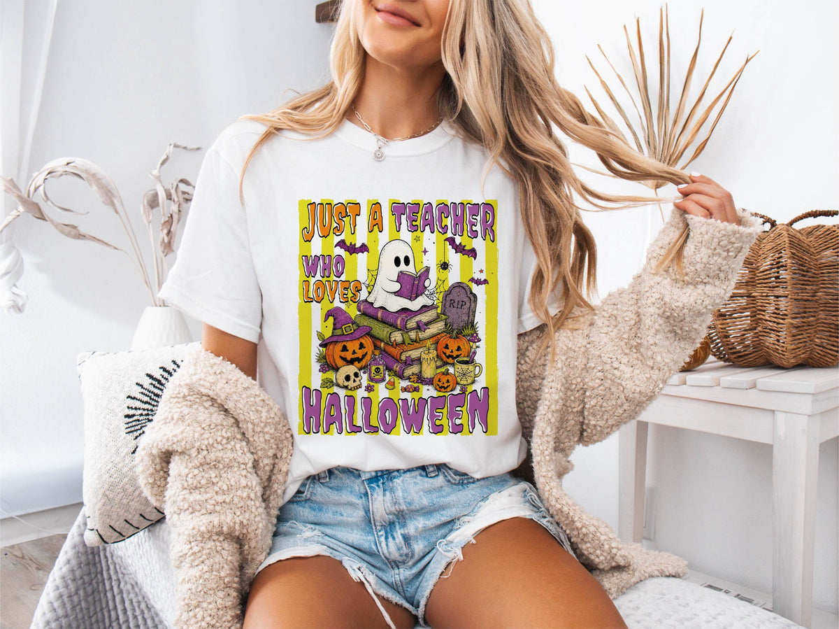 Comfort Colors® Halloween Teacher Shirt, Just A Teacher Who Loves Halloween Tee, Spooky Teacher Gift, Ghost Teacher Tees