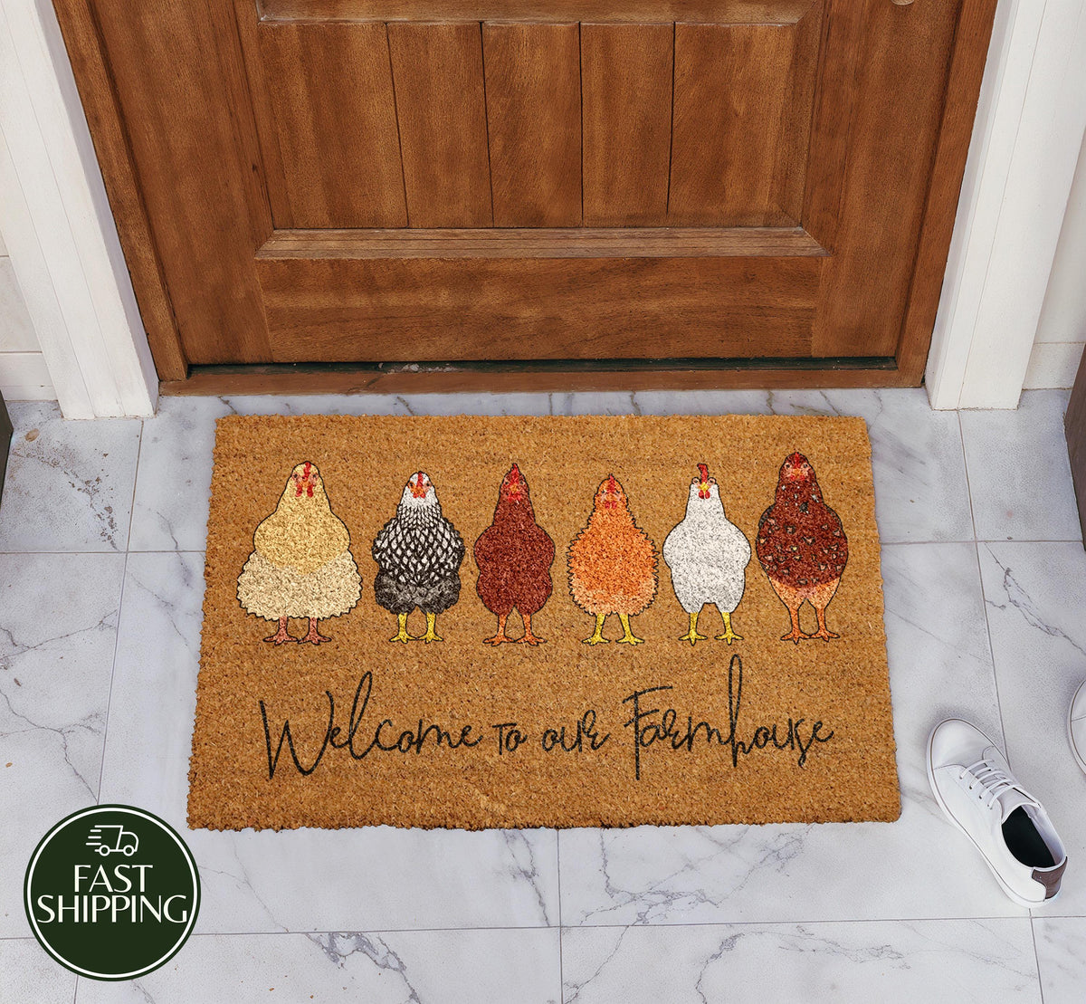 Welcome to Our Farmhouse Chicken Doormat, Funny Country Home Porch Mat, Farmer Gift