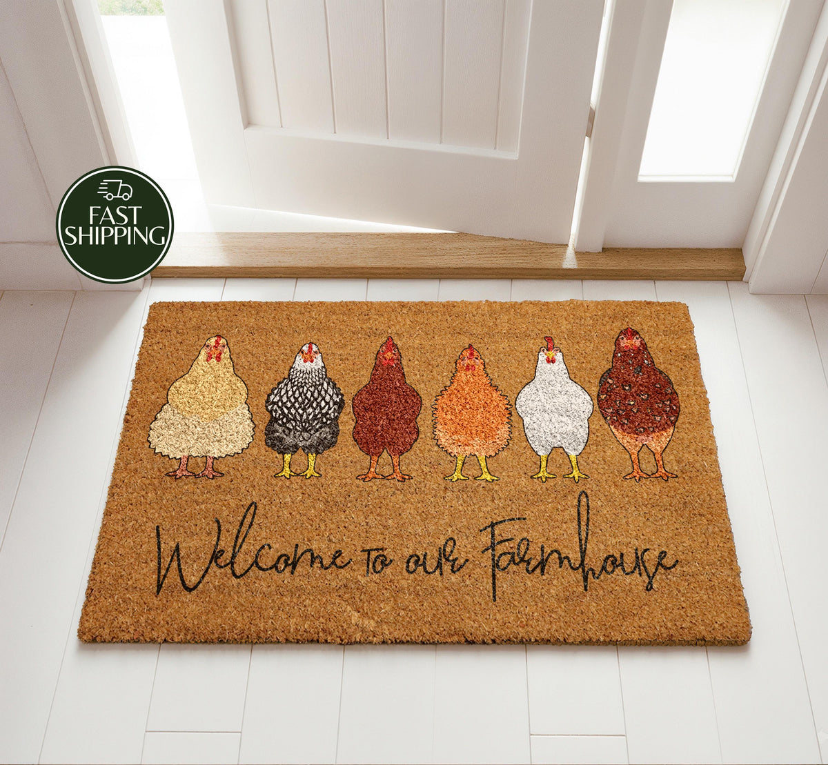 Welcome to Our Farmhouse Chicken Doormat, Funny Country Home Porch Mat, Farmer Gift