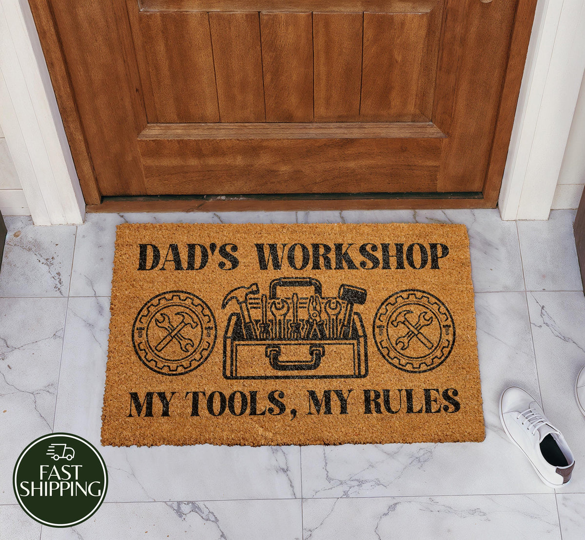 Dad's Workshop Welcome Mat, Funny Garage Entry Doormat, Handyman Father Gift