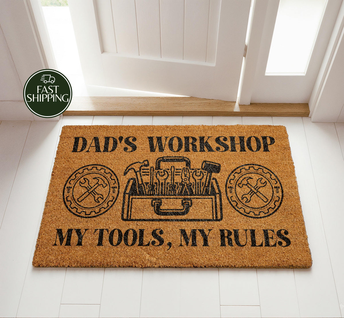 Dad's Workshop Welcome Mat, Funny Garage Entry Doormat, Handyman Father Gift
