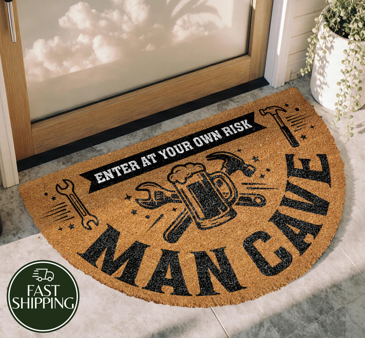 Funny Man Cave Half Moon Doormat, Enter At Your Own Risk Garage Welcome Mat