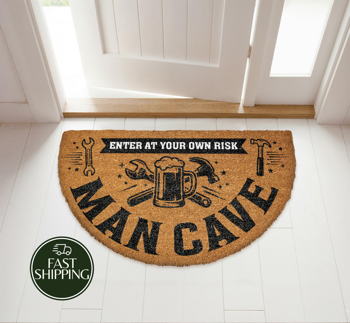 Funny Man Cave Half Moon Doormat, Enter At Your Own Risk Garage Welcome Mat